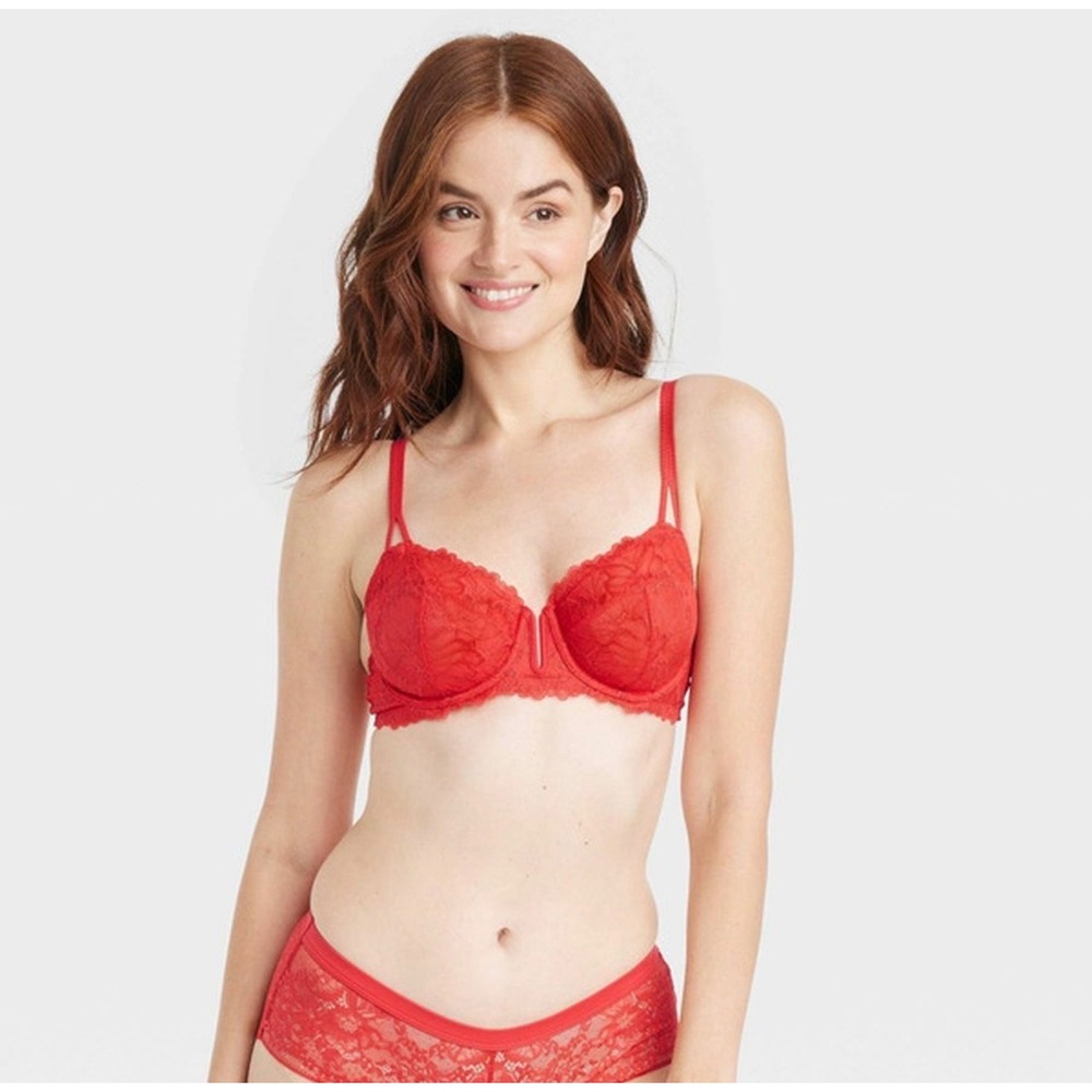 Auden Red Lace Balconette Bra Underwire Adjustable Straps 32B Valentine's Day